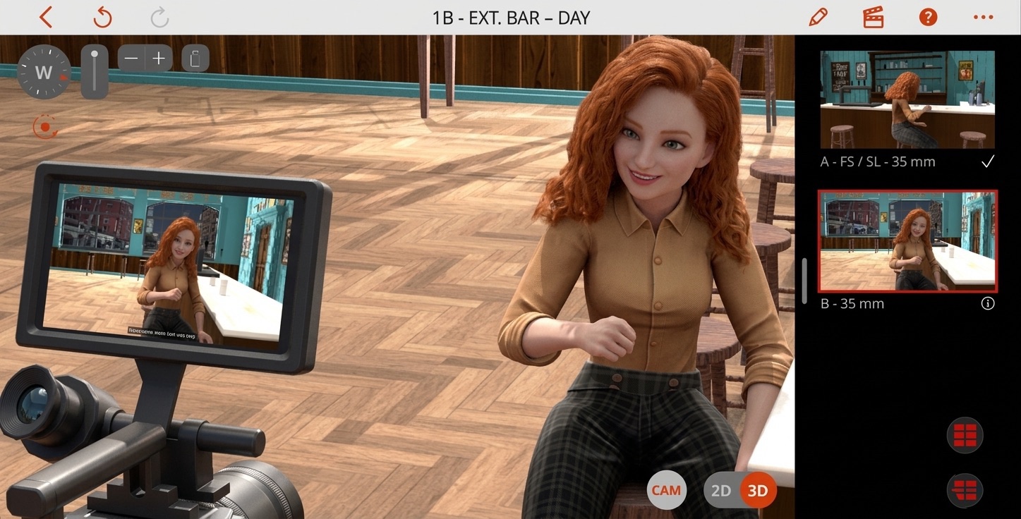 Previs Pro on iPhone: a 3D-blocked bar scene with a character, a live camera monitor showing the composed shot, and an A/B shot list sidebar at 35mm.