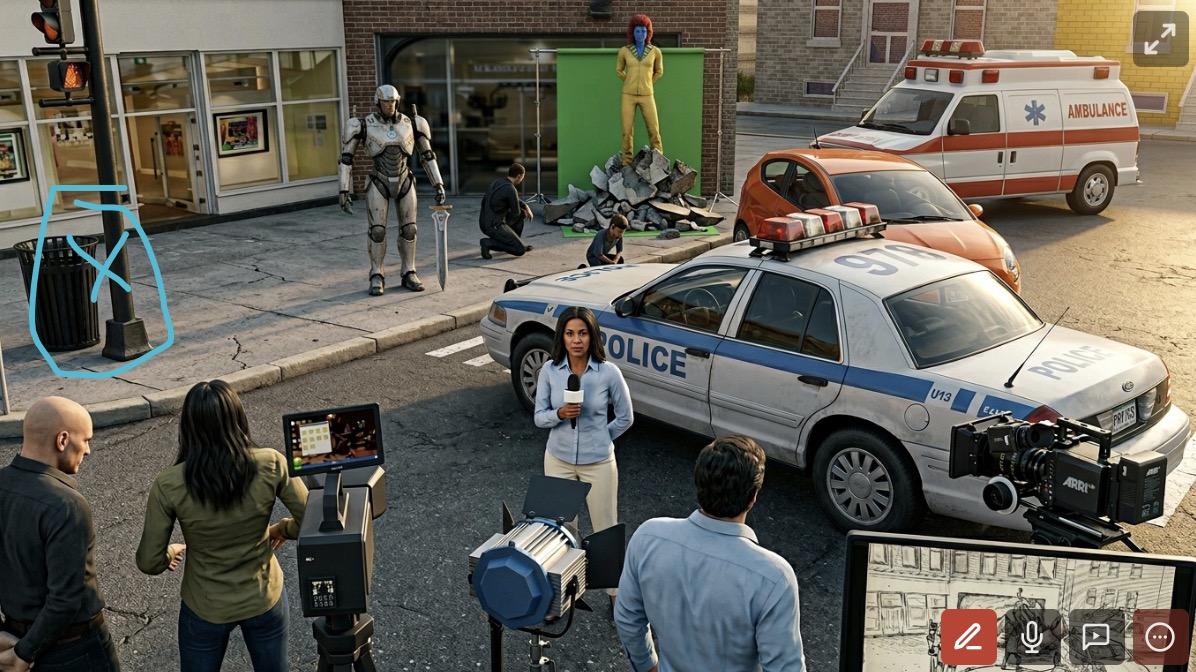 A Previs Pro scene showing a film crew with an ARRI camera, monitor, and storyboard frame, blocking a news-reporter shot with a police car, ambulance, character in an armored suit, and a character on a green-screen platform — exterior city street.