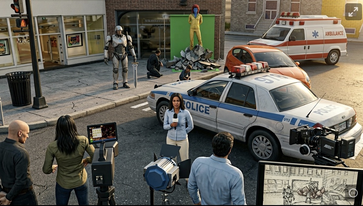Complex 3D street scene with multiple characters and vehicles