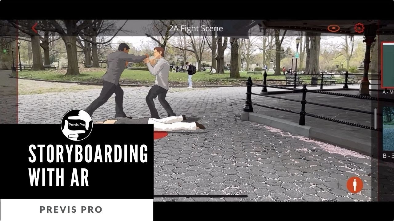 Previs Pro AR mode placing 3D characters in a real park location