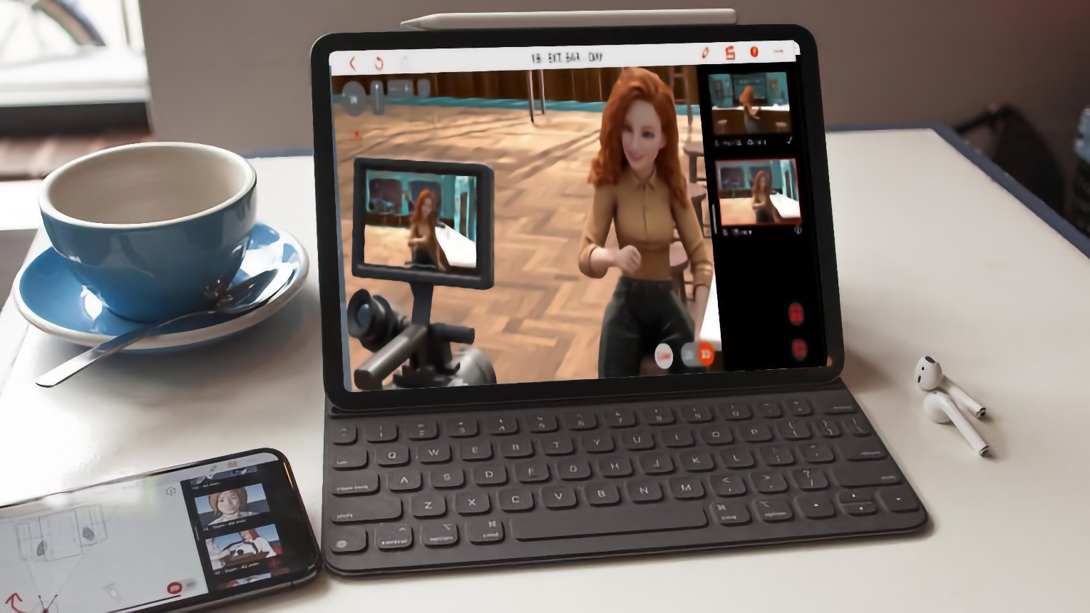 Previs Pro running on iPad with keyboard and iPhone showing shot list