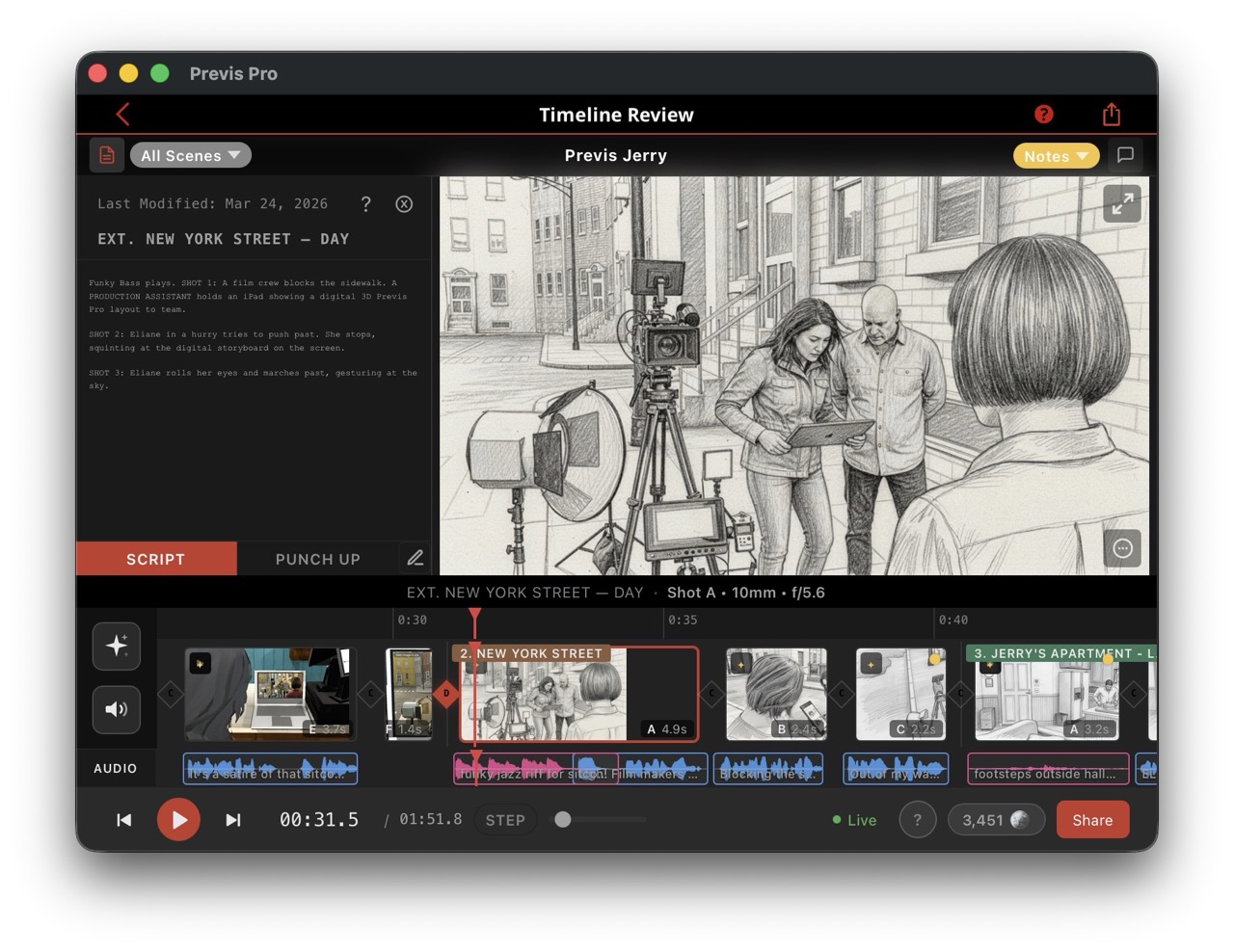 Previs Pro 3.3.4 timeline with script panel and AI-generated storyboard frames on Mac
