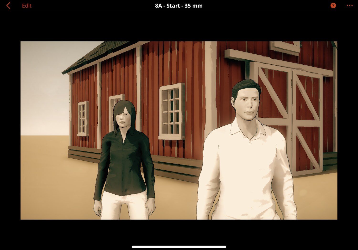Previs Pro director's view: a 3D-blocked scene framed through a virtual camera with a live monitor showing the composed shot.